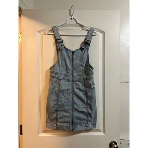 Free‎ People Denim Overall Dress Blue Wash Zipper Front Buckle Straps Mini